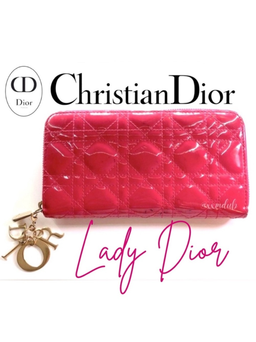 🩷 Lady Dior Christian Dior Cannage Pink Patent Leather Long Zippy Wallet Charm